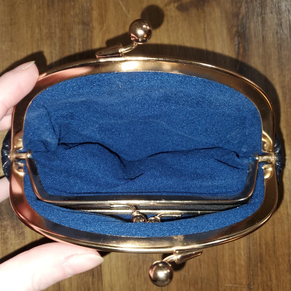 New Women's Eel Skin Double Kisslock Ball Clasp Coin Purse Wallet - Navy Blue